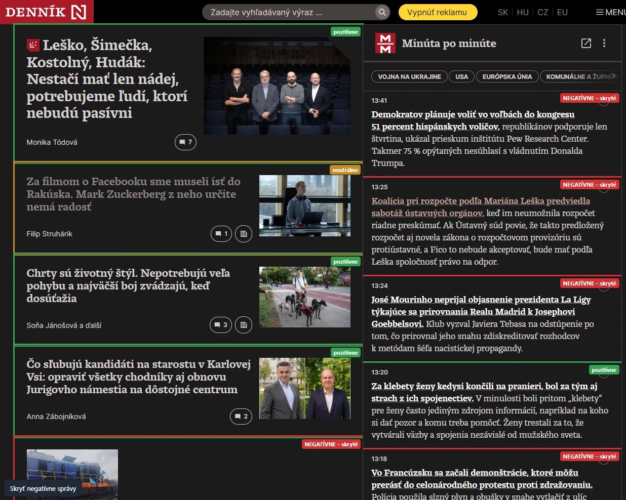 Pôvodný web, na ktorom je pri každej správe farebný štítok s hodnotením