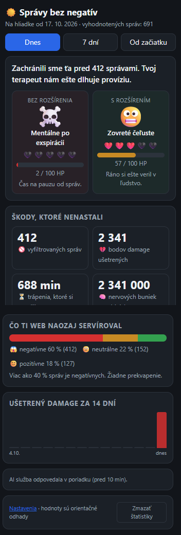 Okno štatistík: porovnanie zdravia čitateľa s rozšírením a bez neho, počet skrytých správ a ušetrený damage