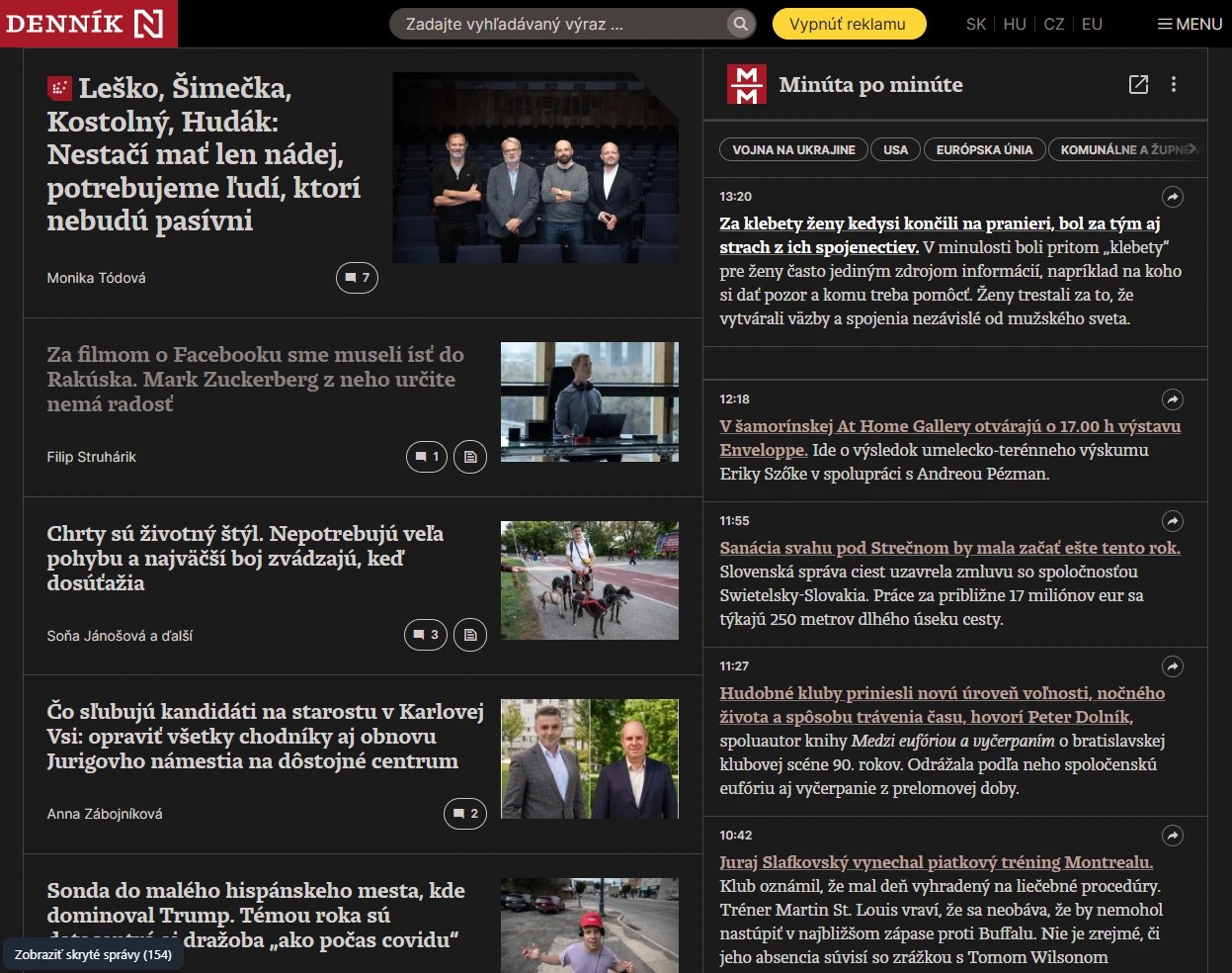 Titulka spravodajského webu po filtrovaní: negatívne správy sú skryté, ostávajú pozitívne a neutrálne